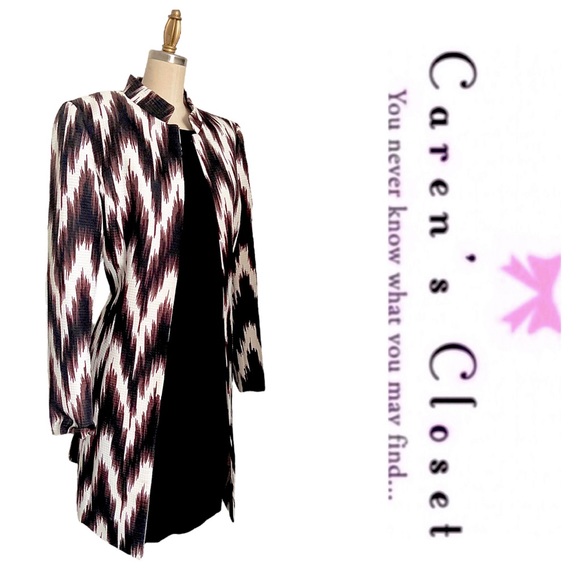 Tahari Chocolate Brown & White Modern Print Long BlazerJacket - Picture 8 of 9